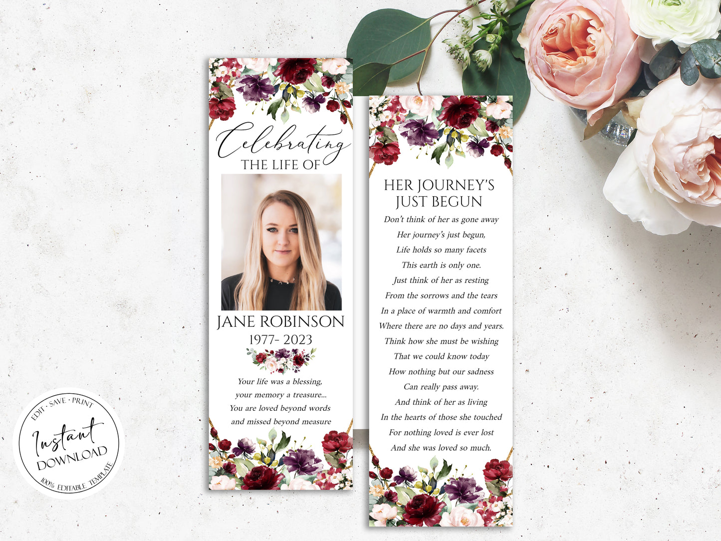 Celebration of Life Red Roses Funeral Bookmark Template R1