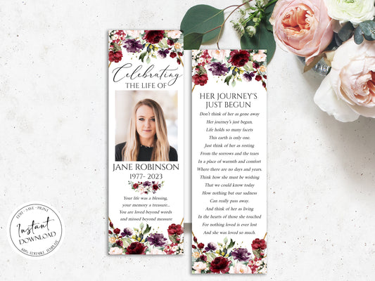 Celebration of Life Red Roses Funeral Bookmark Template R1