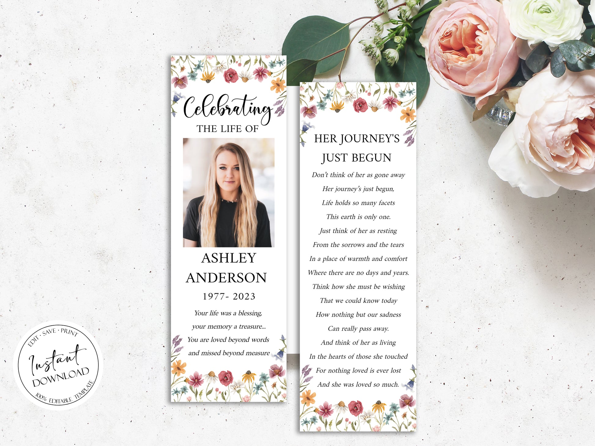 Celebration of Life Red Greenery Wildflower Meadow Funeral Bookmark Template, Wildflower Funeral Bookmark, Funeral Keepsake Cards, Wildflower Memorial Bookmark