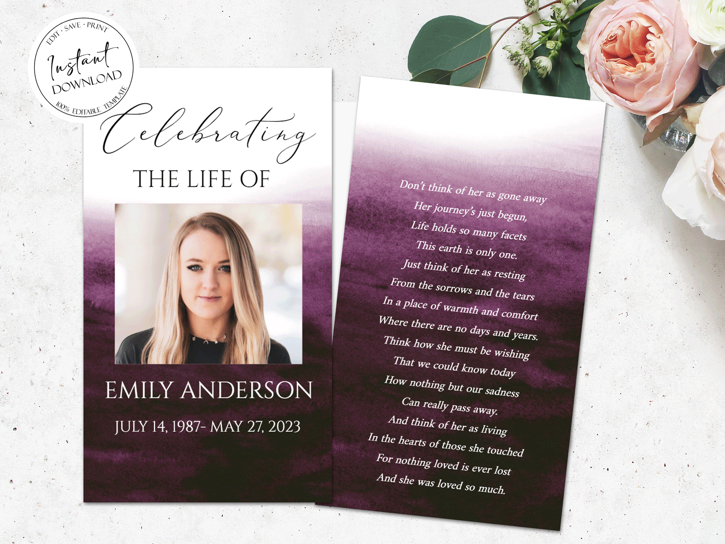 Celebration Of Life Pink Fuchsia Watercolor Funeral Prayer Card Template, Printable Memorial Prayer Card Template, Purple Pink Prayer CardCelebration Of Life Pink Fuchsia Watercolor Funeral Prayer Card Template, Printable Memorial Prayer Card Template, Purple Pink Prayer Card