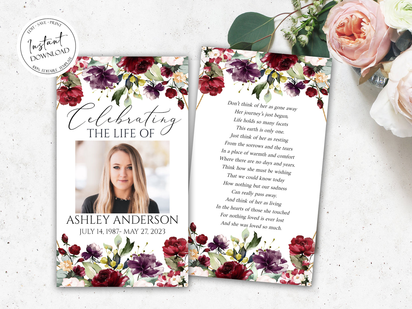 Celebration Of Life Red Roses Funeral Prayer Card Template R1