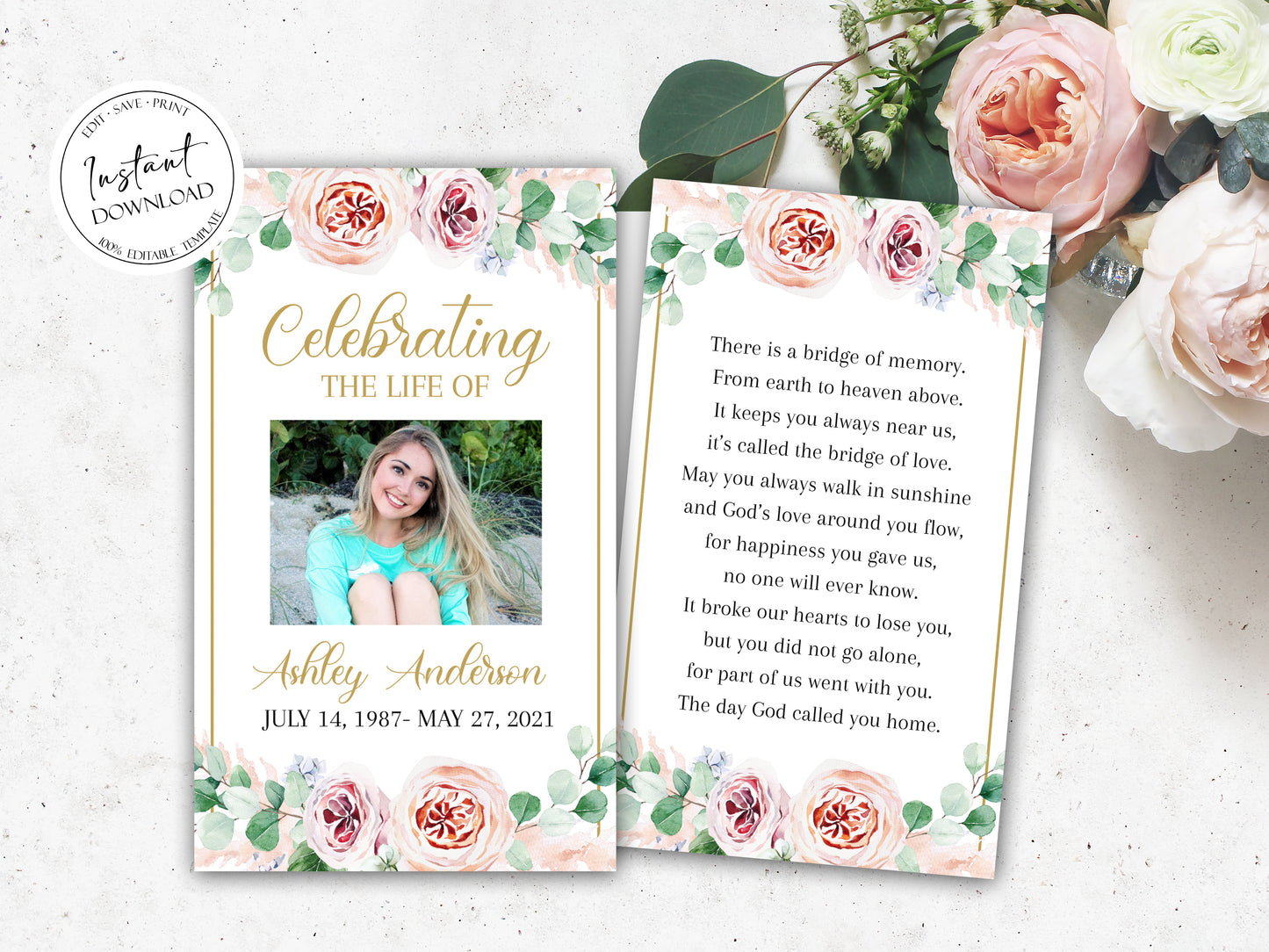 Editable Pink Roses Greenery Funeral Prayer Card Template, Printable Memorial Prayer Card Template, Blush Funeral Prayer Card, Catholic Mass Card