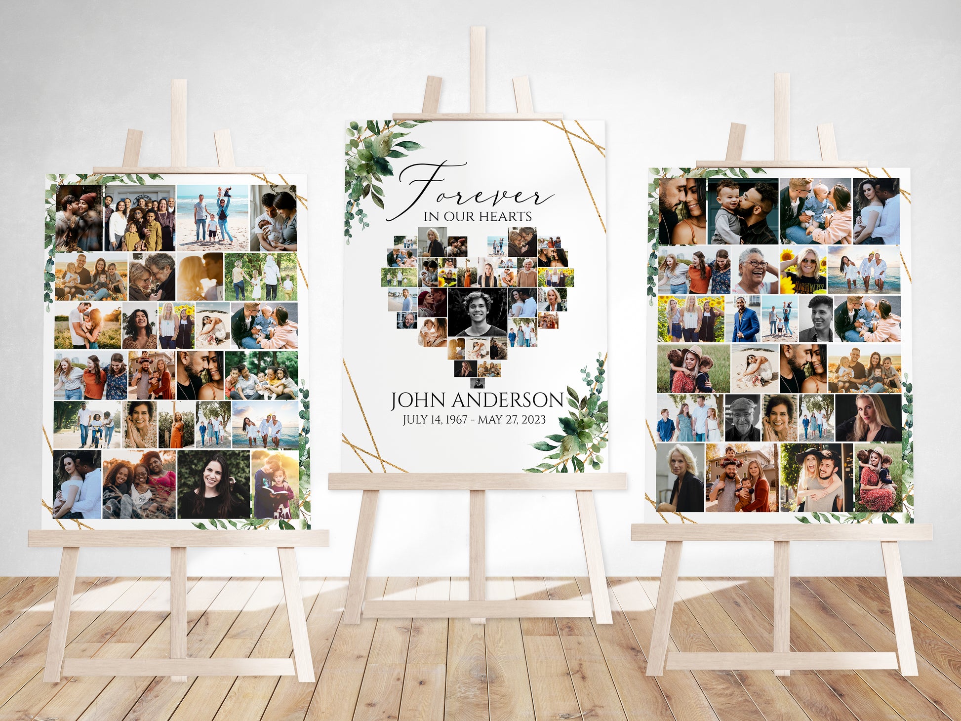 Forever in our Hearts Watercolor Greenery Heart Photo Collage Funeral Welcome Sign Template, Editable Greenery Heart Photo Collage Funeral Sign, Memorial Photo Display Set Q1