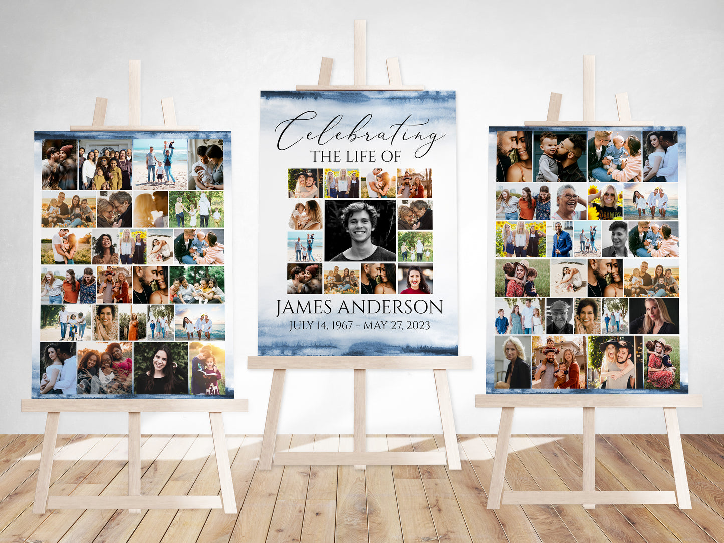 Celebration Of Life Funeral Poster, Blue Watercolor Photo Collage Funeral Sign, Photo Memorial Sign, Ocean Funeral Poster Photo Display Set B5