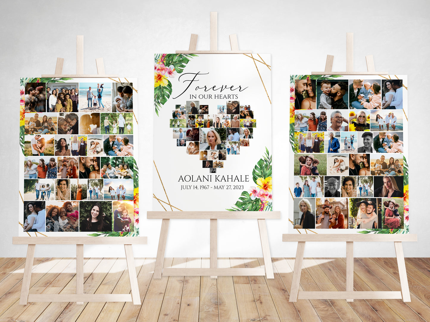 Forever in our Hearts Tropical Hawaiian Plumeria Heart Photo Collage Funeral Welcome Sign Set Templates, Hawaiian Forever in our Hearts Memorial Photo Display Set H1