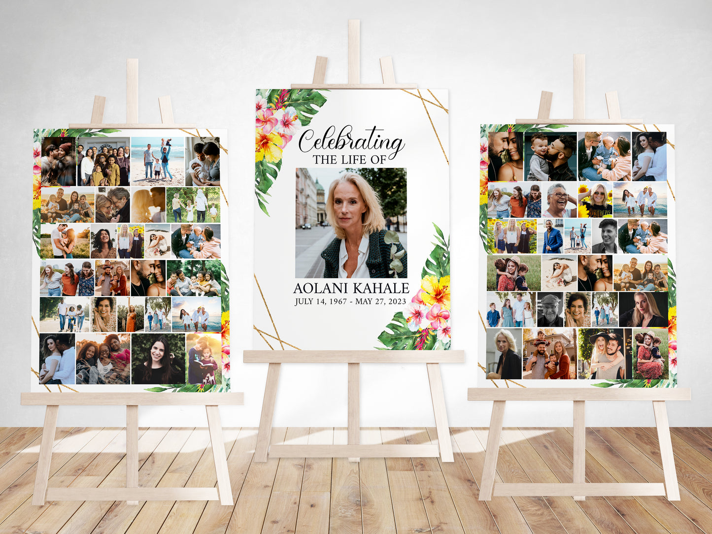 Celebration Of Life Tropical Hawaiian Plumeria Photo Collage Funeral Welcome Sign Template, Hawaiian Photo Collage Funeral Poster H1