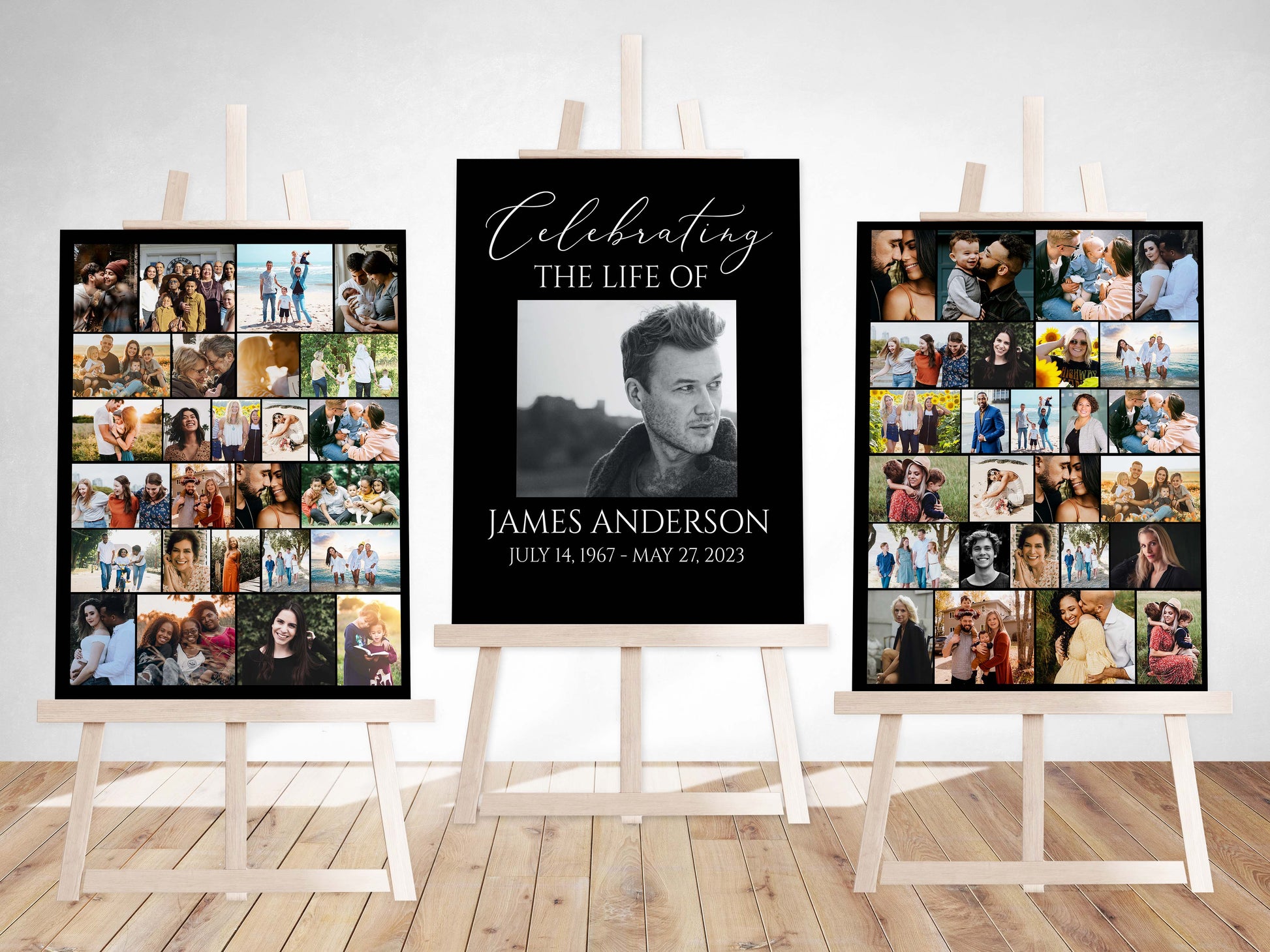 Celebration Of Life Minimalist Elegant Black Photo Collage Funeral Welcome Sign Set Templates, Funeral Poster Photo Display Set, Photo Collage Memorial Service Sign