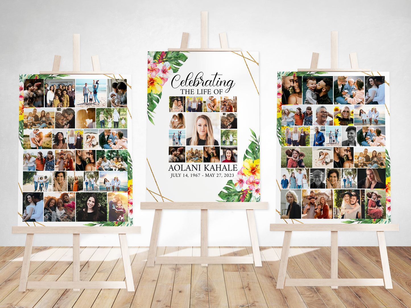 Celebration Of Life Tropical Hawaiian Plumeria Photo Collage Funeral Welcome Sign Template, Photo Memorial Sign, Pink Greenery Hawaiian Funeral Poster Photo Display Set H1