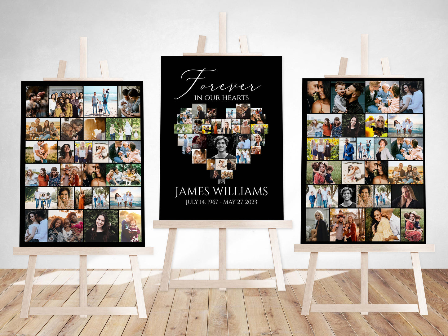 Forever in our Hearts Minimalist Elegant Black Heart Photo Collage Funeral Welcome Sign Set Templates, Black Simple Memorial Photo Display Set