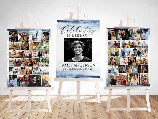 Celebration Of Life Funeral Poster Blue Watercolor Photo Collage Funeral Welcome Sign, Memorial Sign, Funeral Poster Photo Display Set