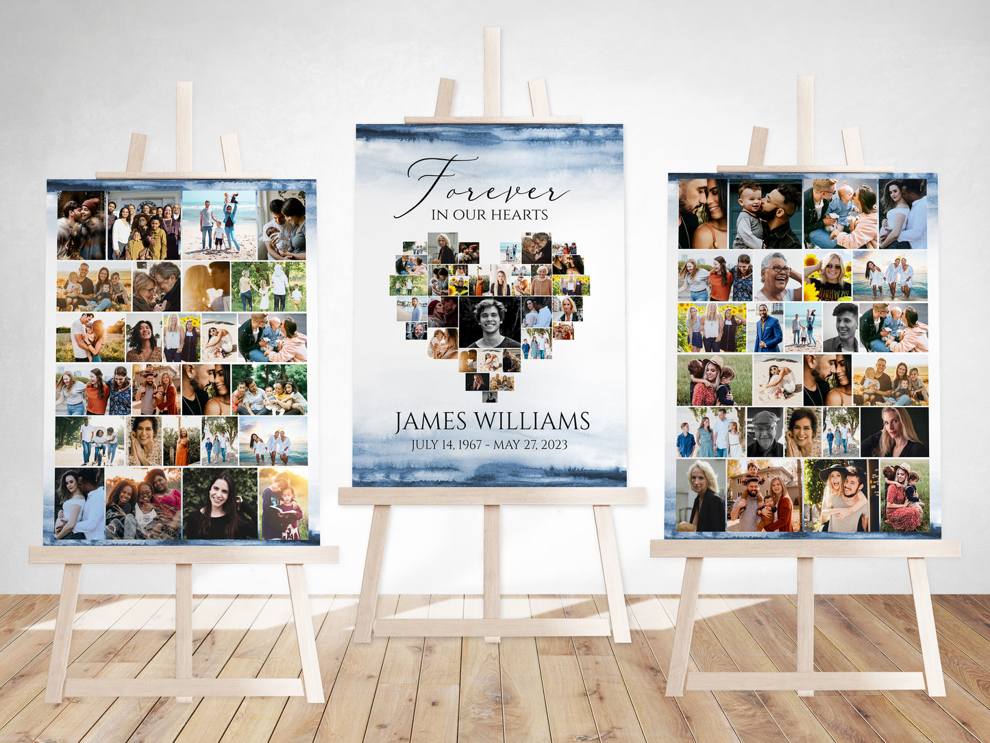 Forever in our Hearts Blue Watercolor Heart Photo Collage Funeral Welcome Sign Set Templates B4