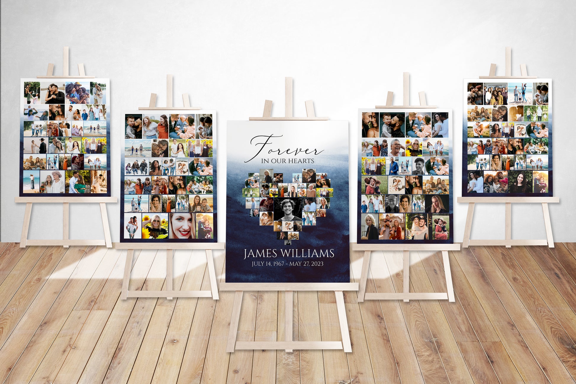 Celebration Of Life Blue Watercolor Ocean Funeral Poster, Editable Blue Watercolor Heart Photo Collage 5 Funeral Welcome Sign Templates Forever in our Hearts B5