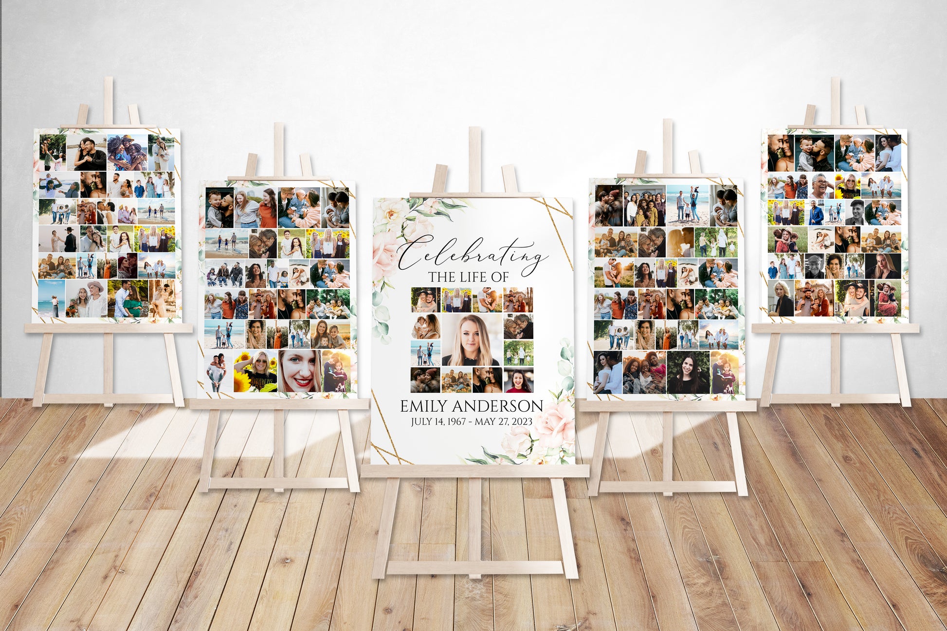 Celebration Of Life Funeral Poster, Blush Pink Roses Collage Funeral Welcome Sign, Photo Memorial Sign, Blush Pink Roses Funeral Photo Display Set P4