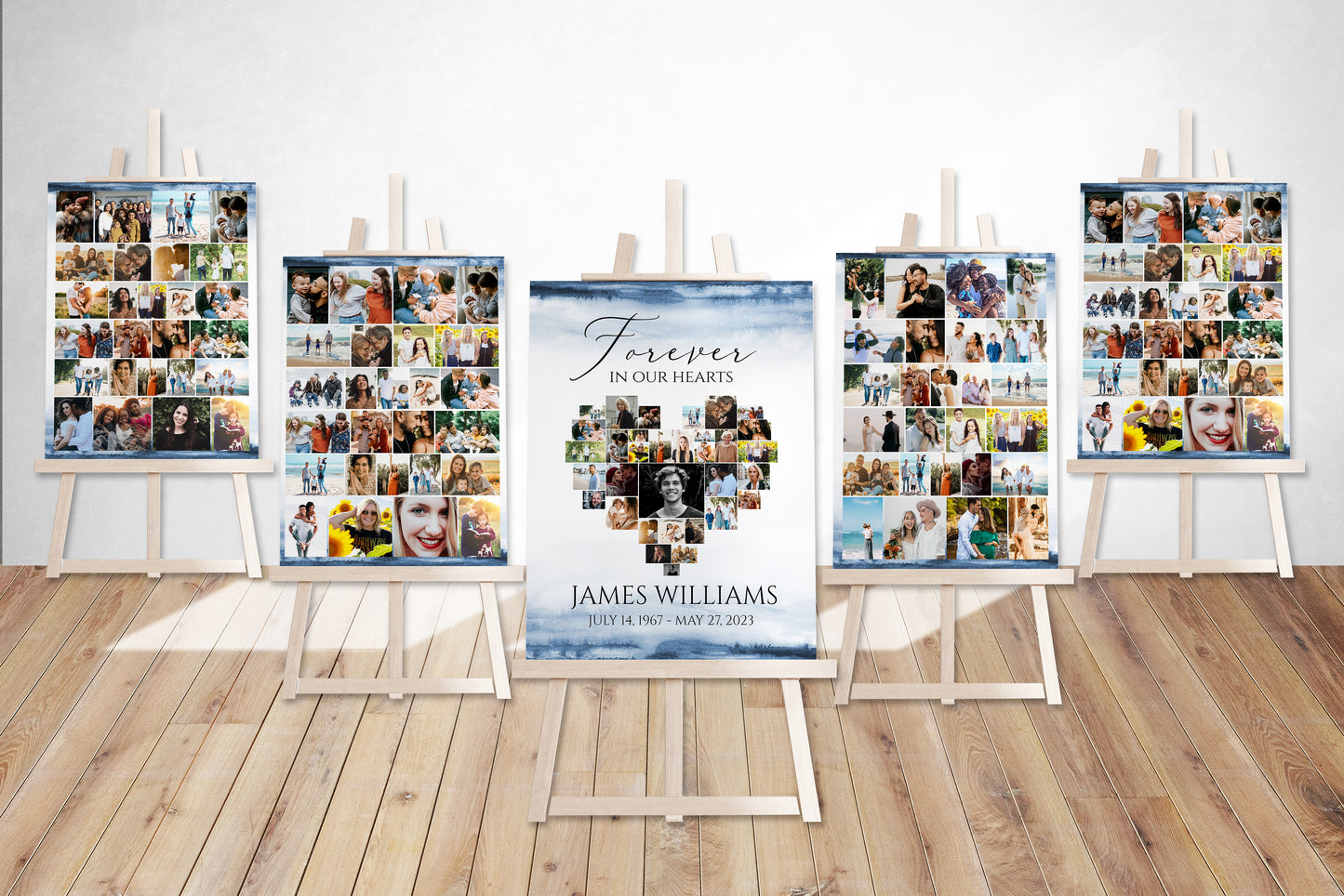 Celebration Of Life Blue Watercolor Funeral Poster, Editable 5 Photo Collage Funeral Welcome Signs, Blue Watercolor Heart Photo Collage 5 Funeral Welcome Sign Templates Forever in our Hearts B4