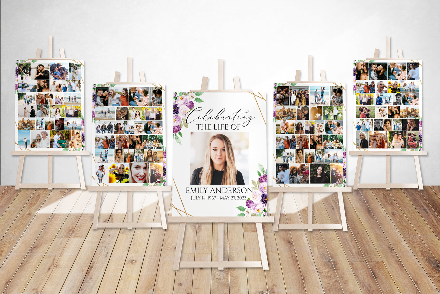 Celebration Of Life Purple Floral Funeral Gold 5 Photo Collage Funeral Welcome Sign Set, Photo Memorial Sign, Funeral Photo Display Set P1