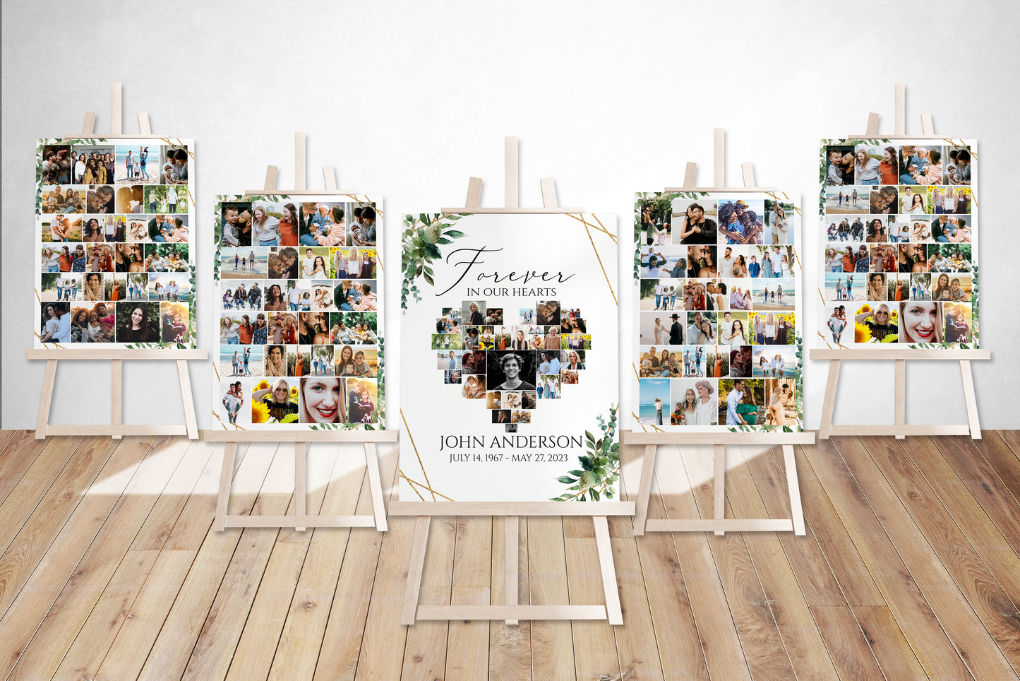 Forever in our Hearts  Watercolor Greenery Gold Heart Photo Collage 5 Funeral Welcome Sign Templates, Greenery Heart Photo Collage 5 Funeral Welcome Sign Templates Q1