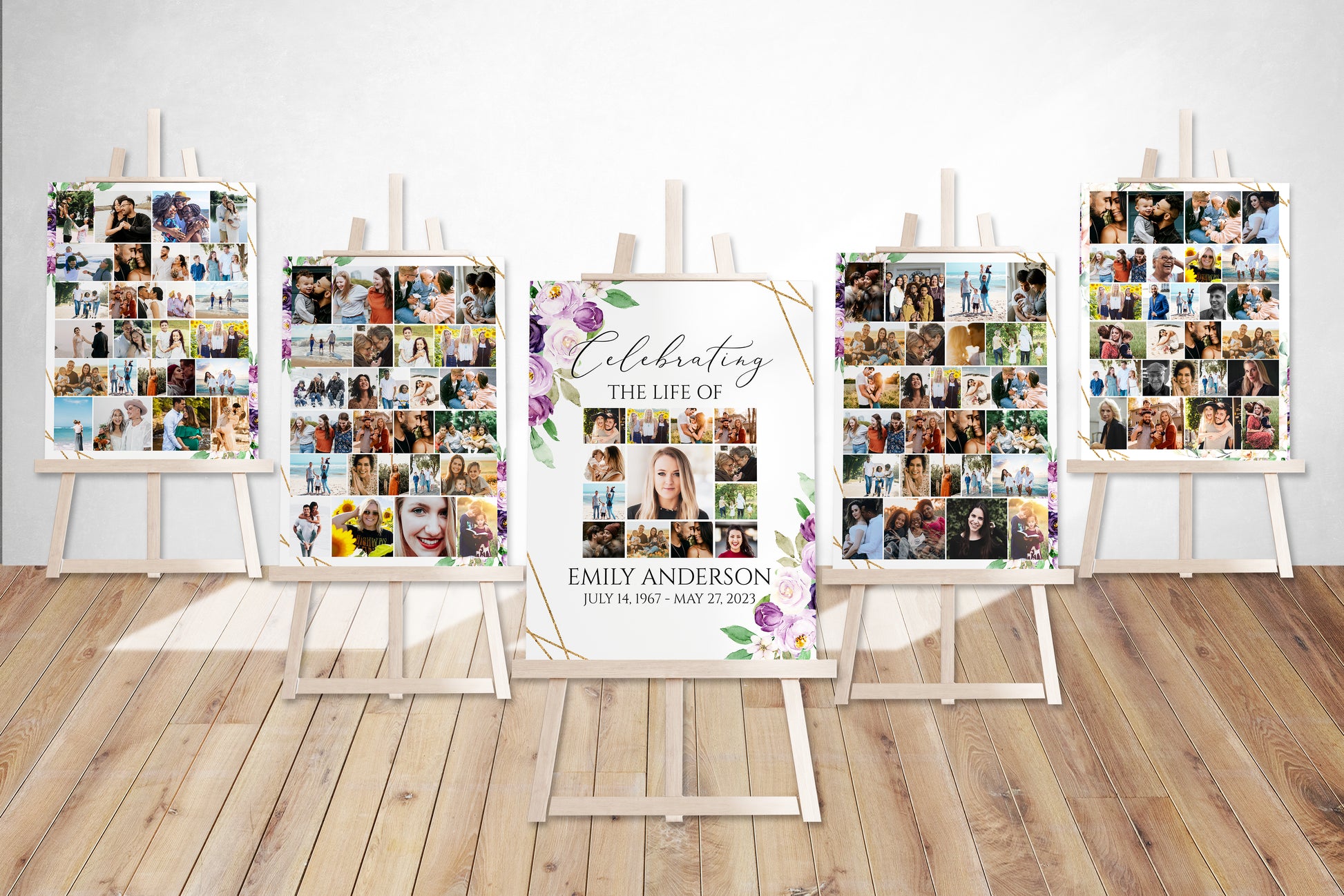 Celebration Of Life Purple Floral Funeral Gold Photo Collage Funeral Welcome Sign Templates, Photo Memorial Sign, Blush Pink Roses Funeral Photo Display Set P1