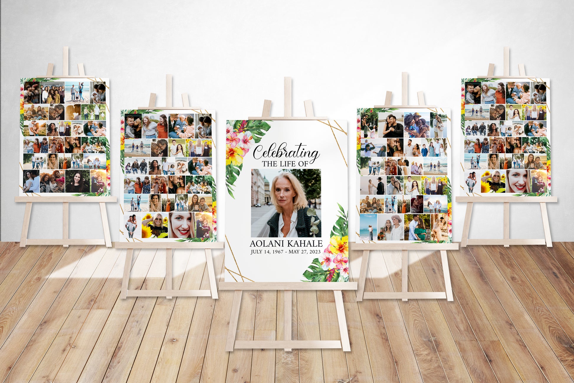 Celebration Of Life Tropical Hawaiian Plumeria 5 Photo Collage Funeral Welcome Sign Set Template, Hawaiian Memorial Sign Funeral Poster Photo Display Set of 5 