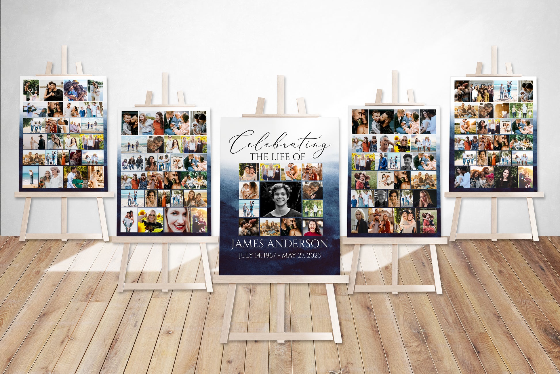 Celebration Of Life Blue Watercolor Funeral Poster, Editable 5 Photo Collage Funeral Welcome Signs, Blue Watercolor Memorial Sign Funeral Poster Photo Display Set of 5 