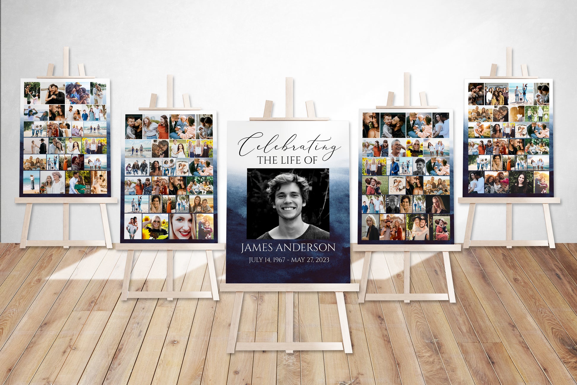 Celebration Of Life Blue Watercolor Ocean 5 Photo Collage Funeral Welcome Sign Set Templates, Blue Watercolor Memorial Sign Funeral Poster Photo Display Set of 5 B5