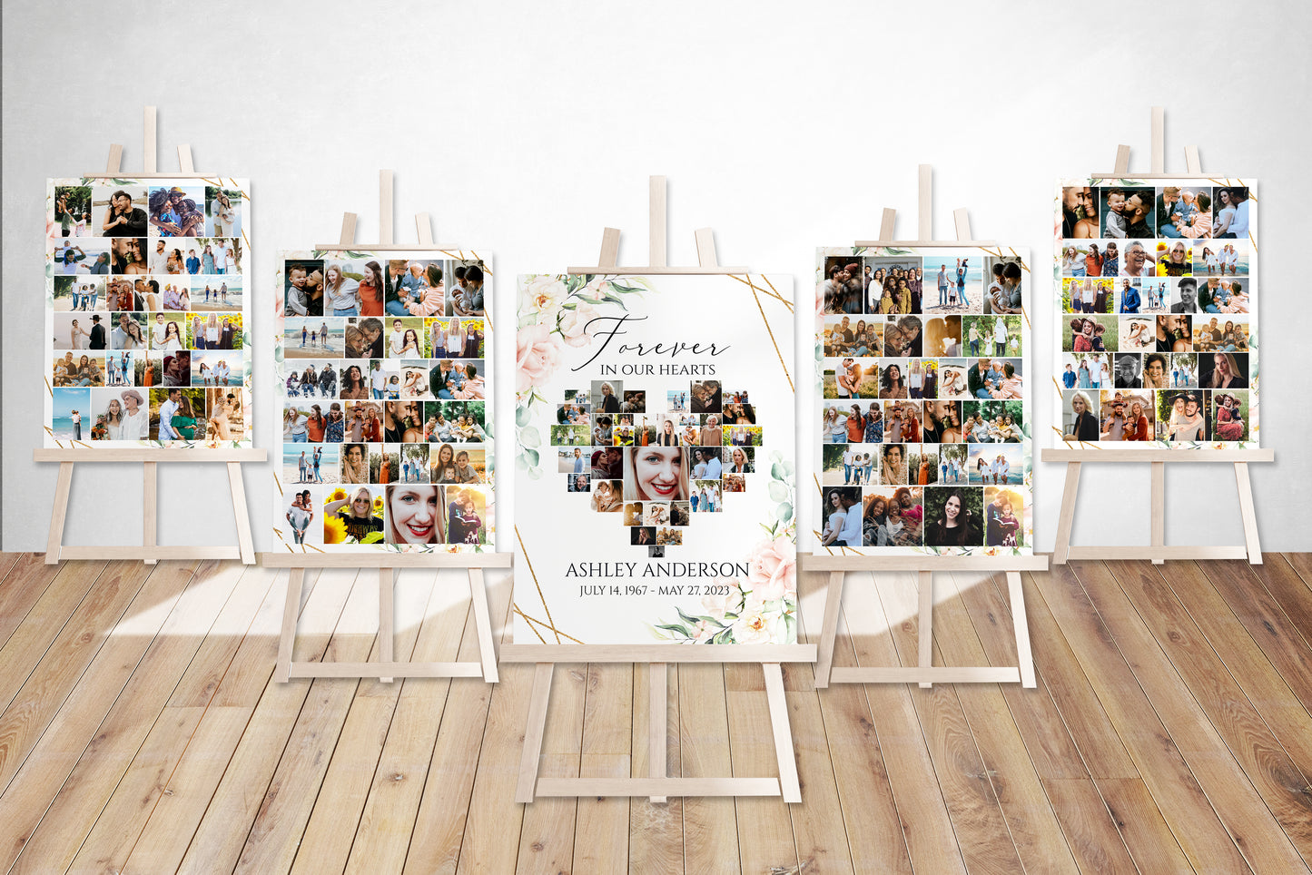 Forever in our Hearts Blush Pink Roses 5 Photo Collage Funeral Welcome Sign Set Templates , Forever in our Hearts Memorial Photo Display Set P4