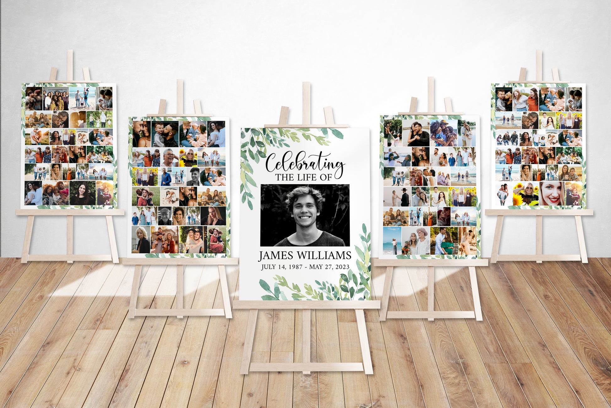 Celebration Of Life Watercolor Greenery Funeral Poster, Editable 5 Photo Collage Funeral Welcome Signs, Greenery Memorial Sign Funeral Poster Photo Display Set of 5 