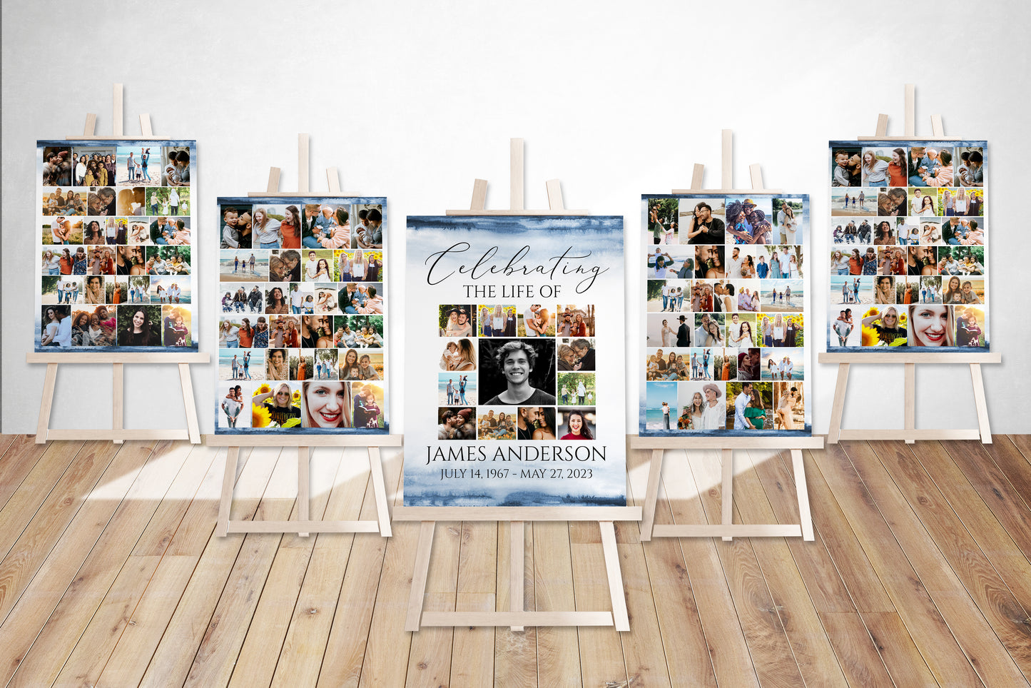 Celebration Of Life Blue Watercolor 5 Photo Collage Funeral Welcome Sign Set Template B4