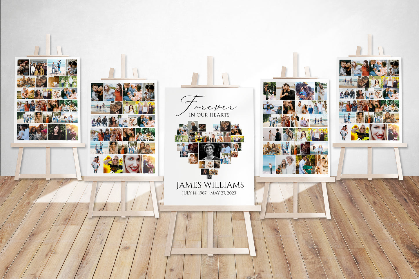 Simple Elegant Heart Photo Collage 5 Funeral Welcome Sign Templates Forever in our Hearts S1