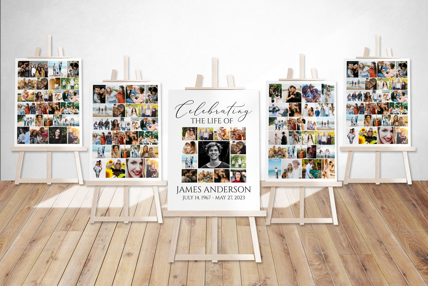 Celebration Of Life Funeral Poster, Editable 5 Photo Collage Funeral Welcome Signs, Memorial Sign Funeral Poster Photo Display Set of 5 S1