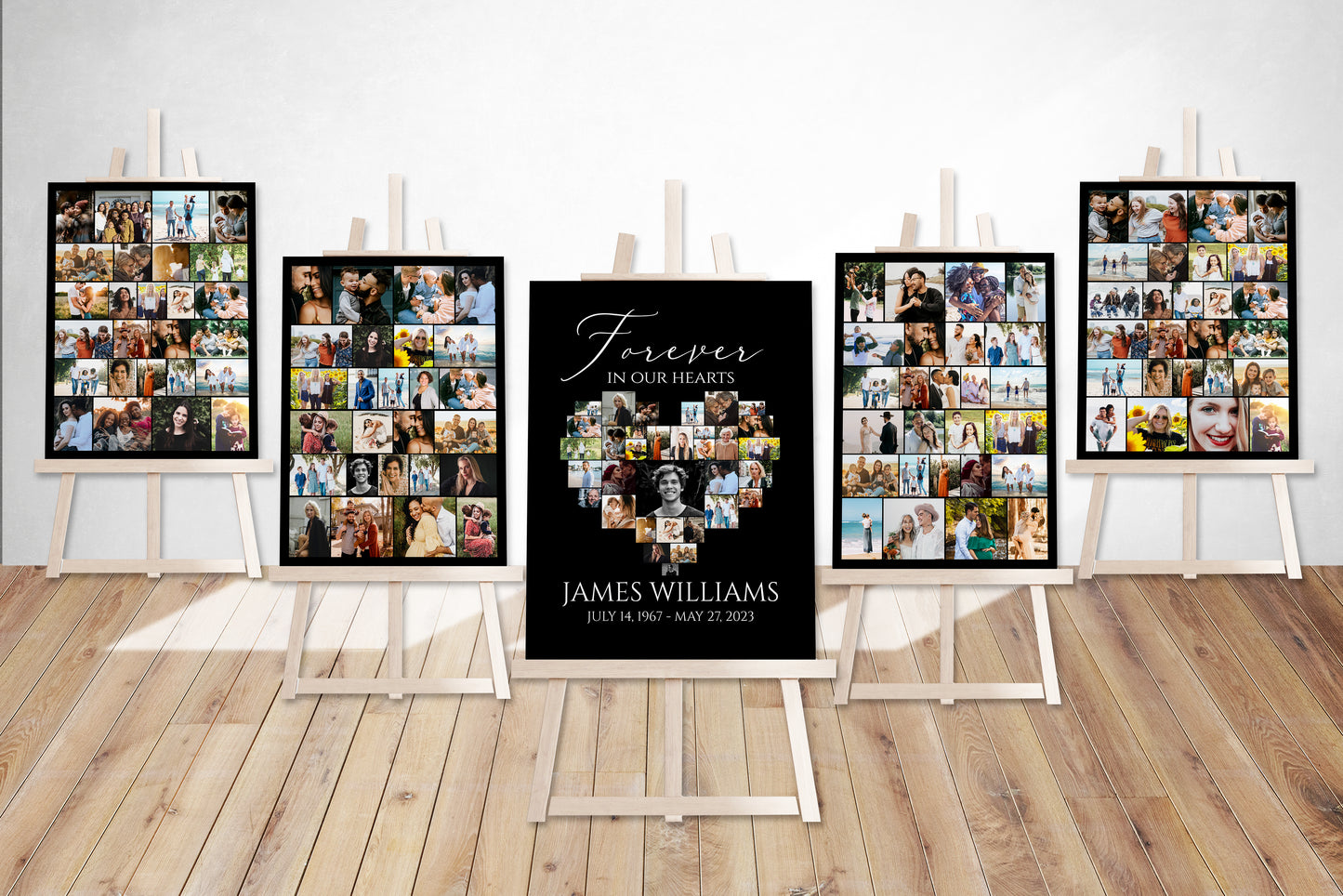 Forever in our Hearts Minimalist Elegant Black Heart Photo Collage 5 Funeral Welcome Sign Templates, Black Watercolor Heart Photo Collage 5 Funeral Welcome Poster