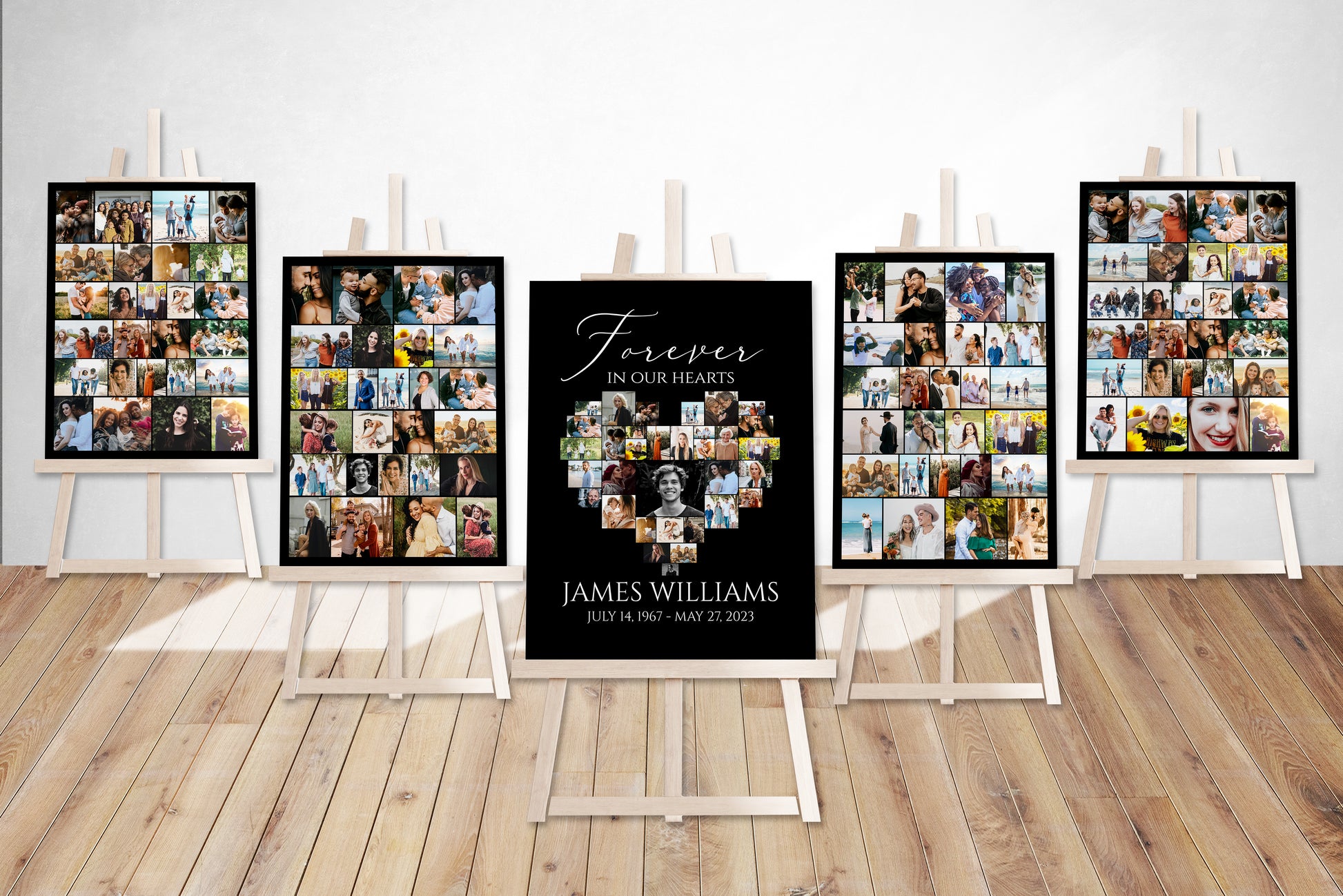 Forever in our Hearts Minimalist Elegant Black Heart Photo Collage 5 Funeral Welcome Sign Templates, Black Watercolor Heart Photo Collage 5 Funeral Welcome Poster