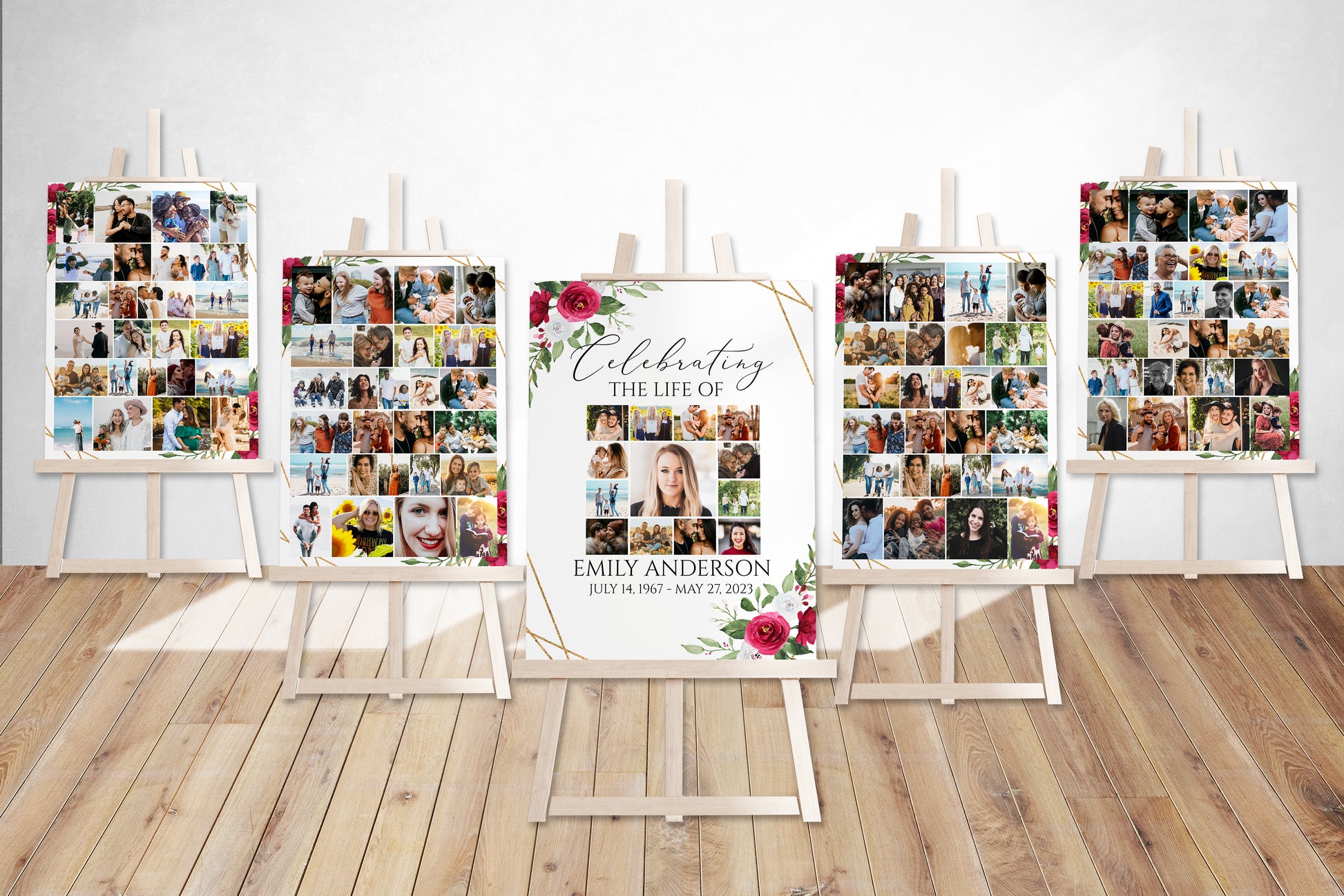 Celebration Of Life White Pink Roses Gold Funeral Photo Collage Funeral Welcome Sign Templates, Photo Memorial Sign, White Pink Roses Funeral Photo Display Set