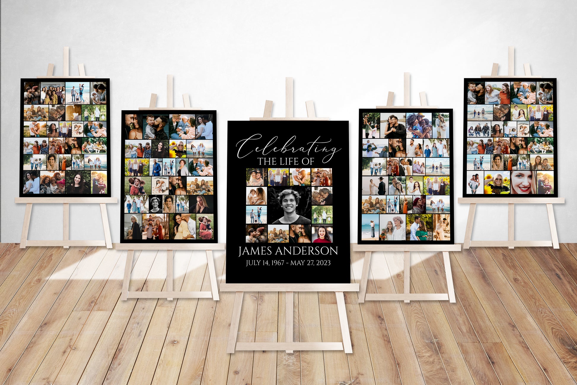 Celebration Of Life Minimalist Elegant Black 5 Photo Collage Funeral Welcome Sign Set Template,  Black Watercolor Memorial Sign Funeral Poster Photo Display Set of 5 