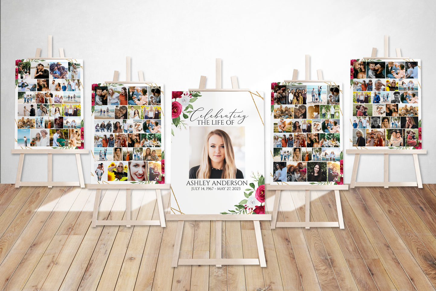 Celebration Of Life White Pink Roses Gold Funeral 5 Photo Collage Funeral Welcome Sign Set Templates, White Pink Photo Memorial Sign, Funeral Photo Display Set
