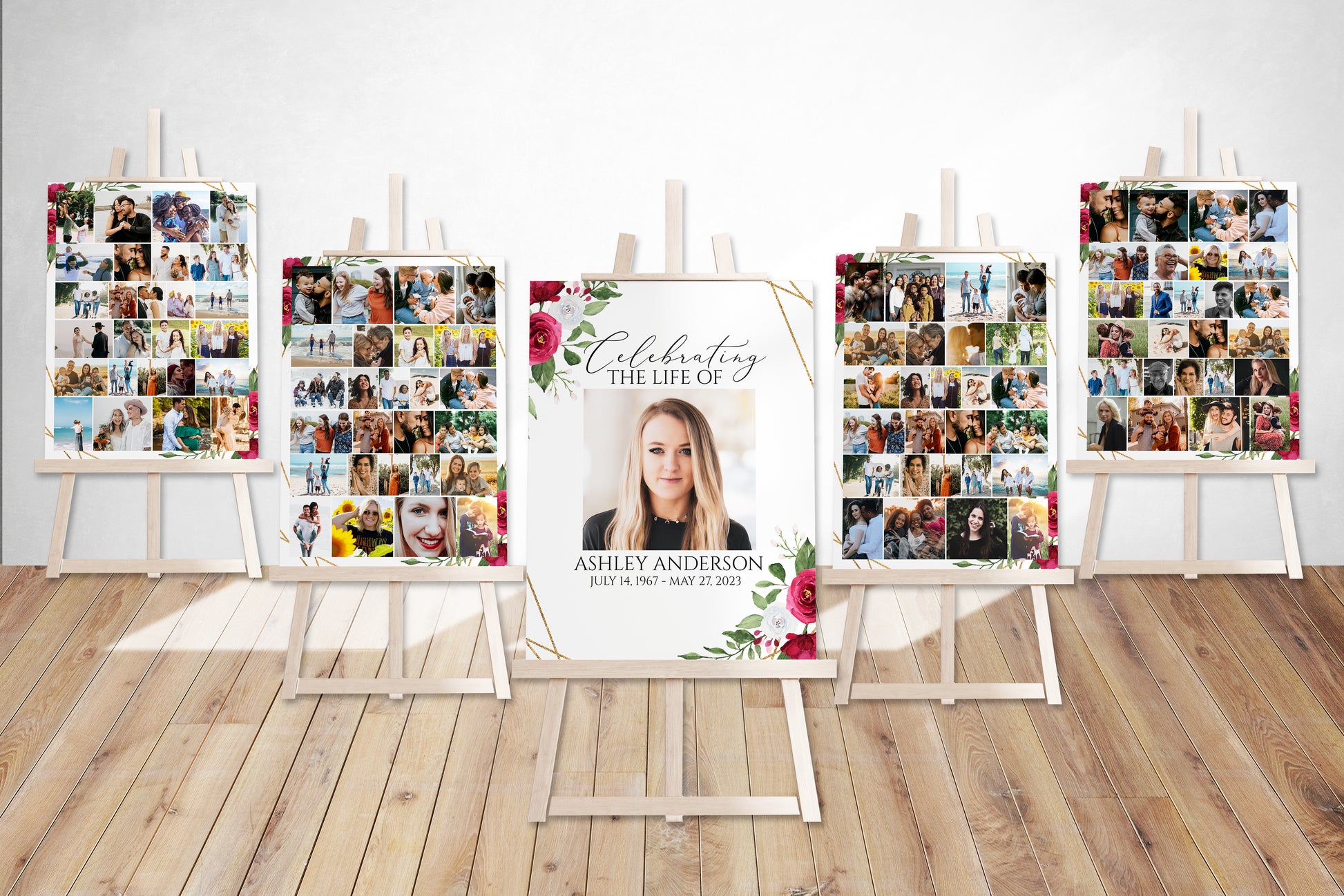 Celebration Of Life White Pink Roses Gold Funeral 5 Photo Collage Funeral Welcome Sign Set Templates, White Pink Photo Memorial Sign, Funeral Photo Display Set