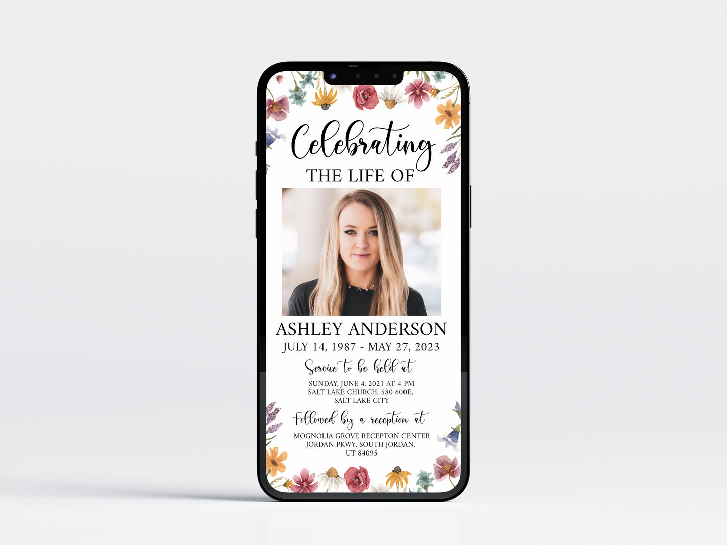 Celebration of life Red Greenery Wildflower Meadow Digital Funeral Invitation Template, Wildflower Funeral Announcement, Wildflower Memorial Evite