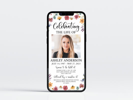 Celebration of life Red Greenery Wildflower Meadow Digital Funeral Invitation Template, Wildflower Funeral Announcement, Wildflower Memorial Evite