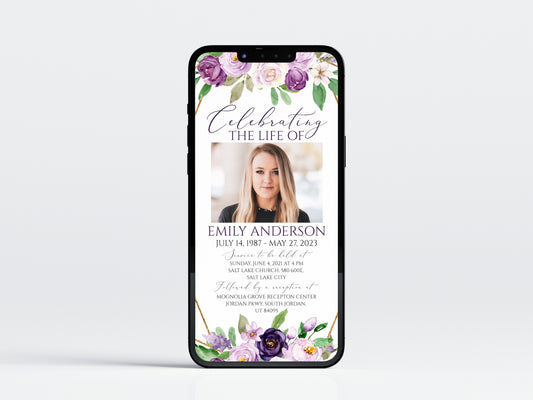 Celebration of life Purple Floral Digital Funeral Invitation Template P1