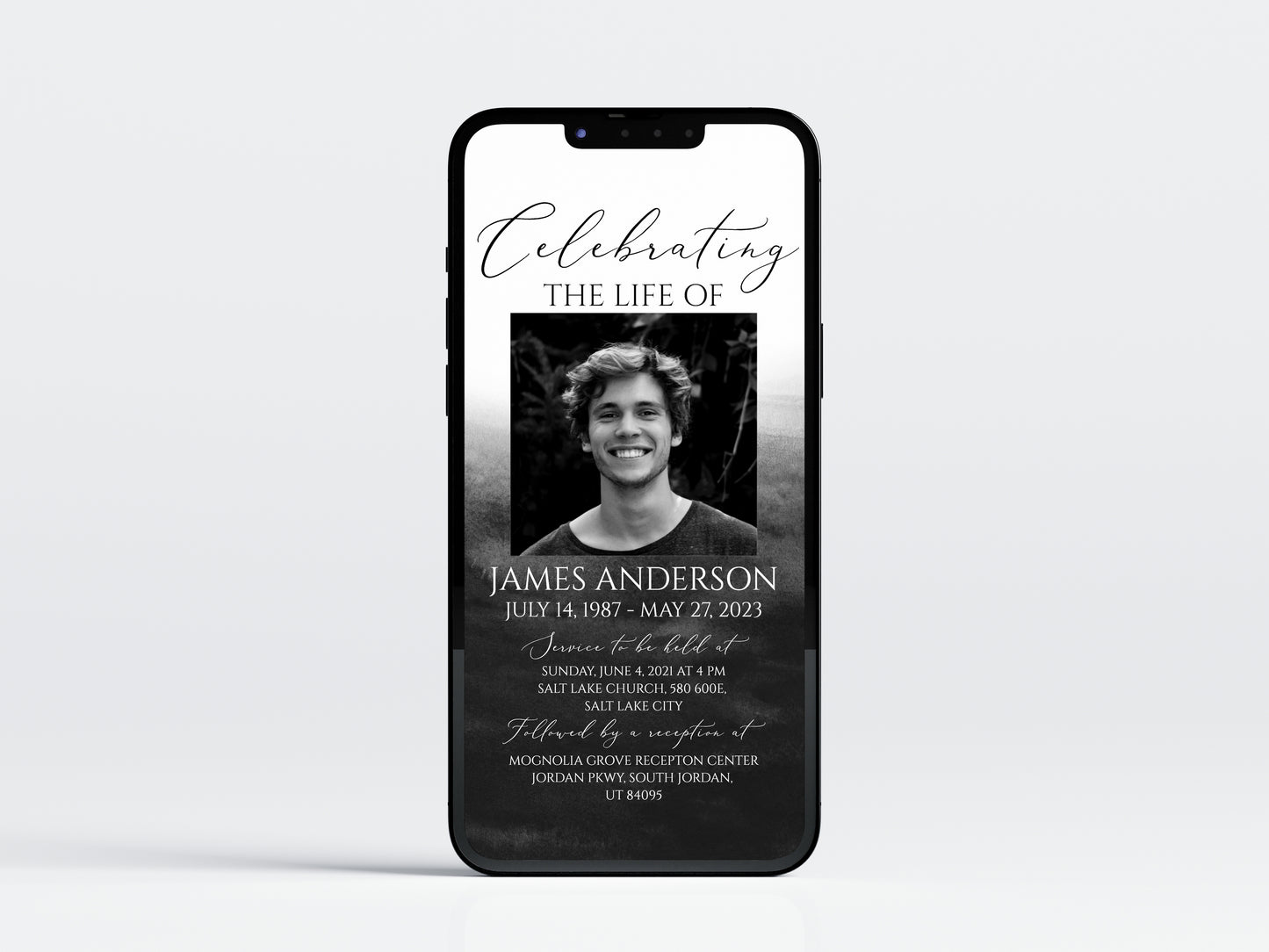 Celebration of life Black Watercolor Digital Funeral Invitation Template,  Electronic Funeral Invite for men Memorial Service Evite Black Watercolor Funeral Evite Template