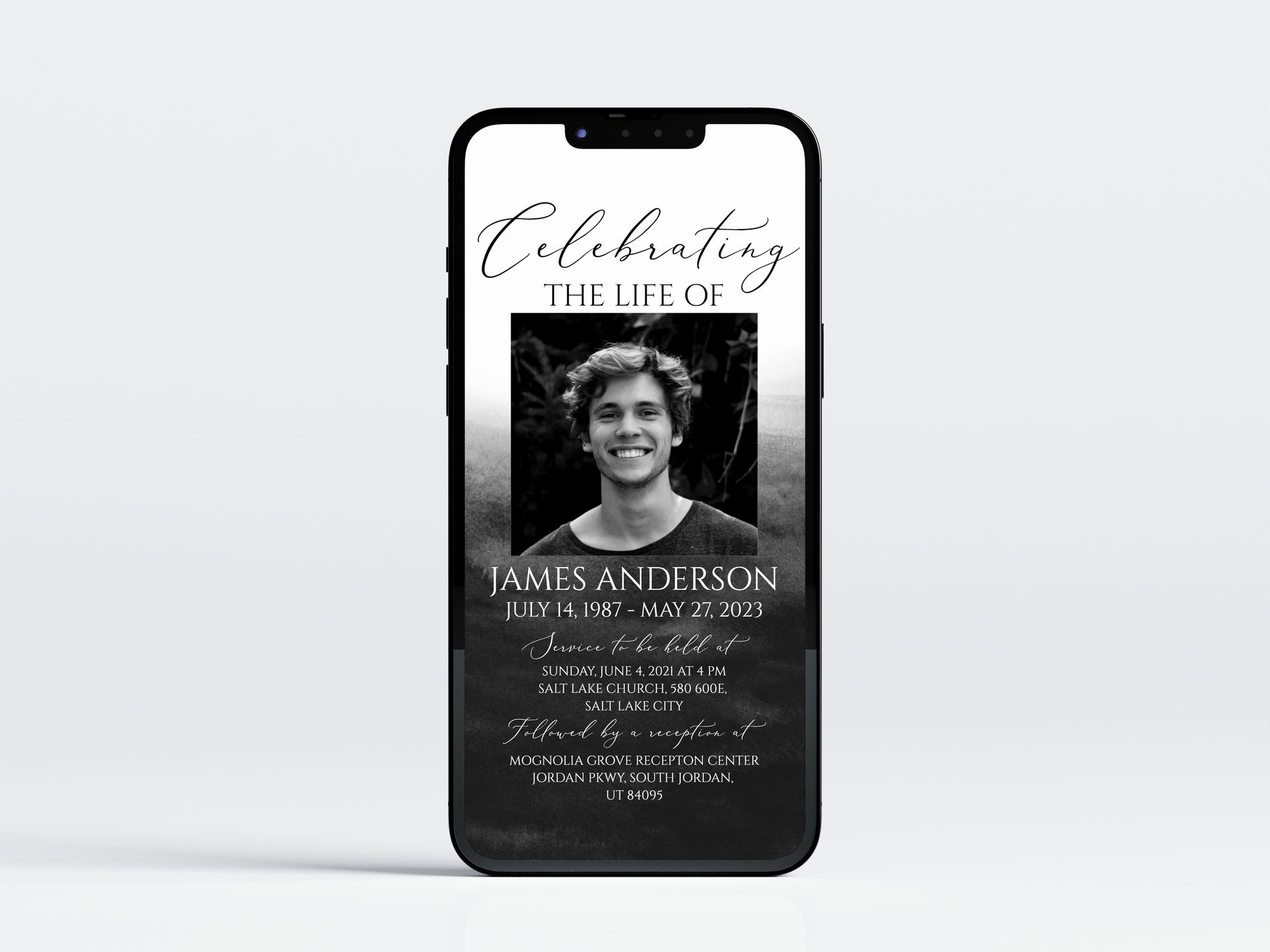 Celebration of life Black Watercolor Digital Funeral Invitation Template,  Electronic Funeral Invite for men Memorial Service Evite Black Watercolor Funeral Evite Template