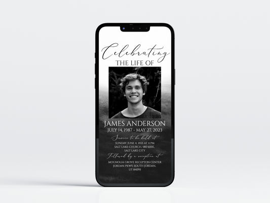 Celebration of life Black Watercolor Digital Funeral Invitation Template,  Electronic Funeral Invite for men Memorial Service Evite Black Watercolor Funeral Evite Template