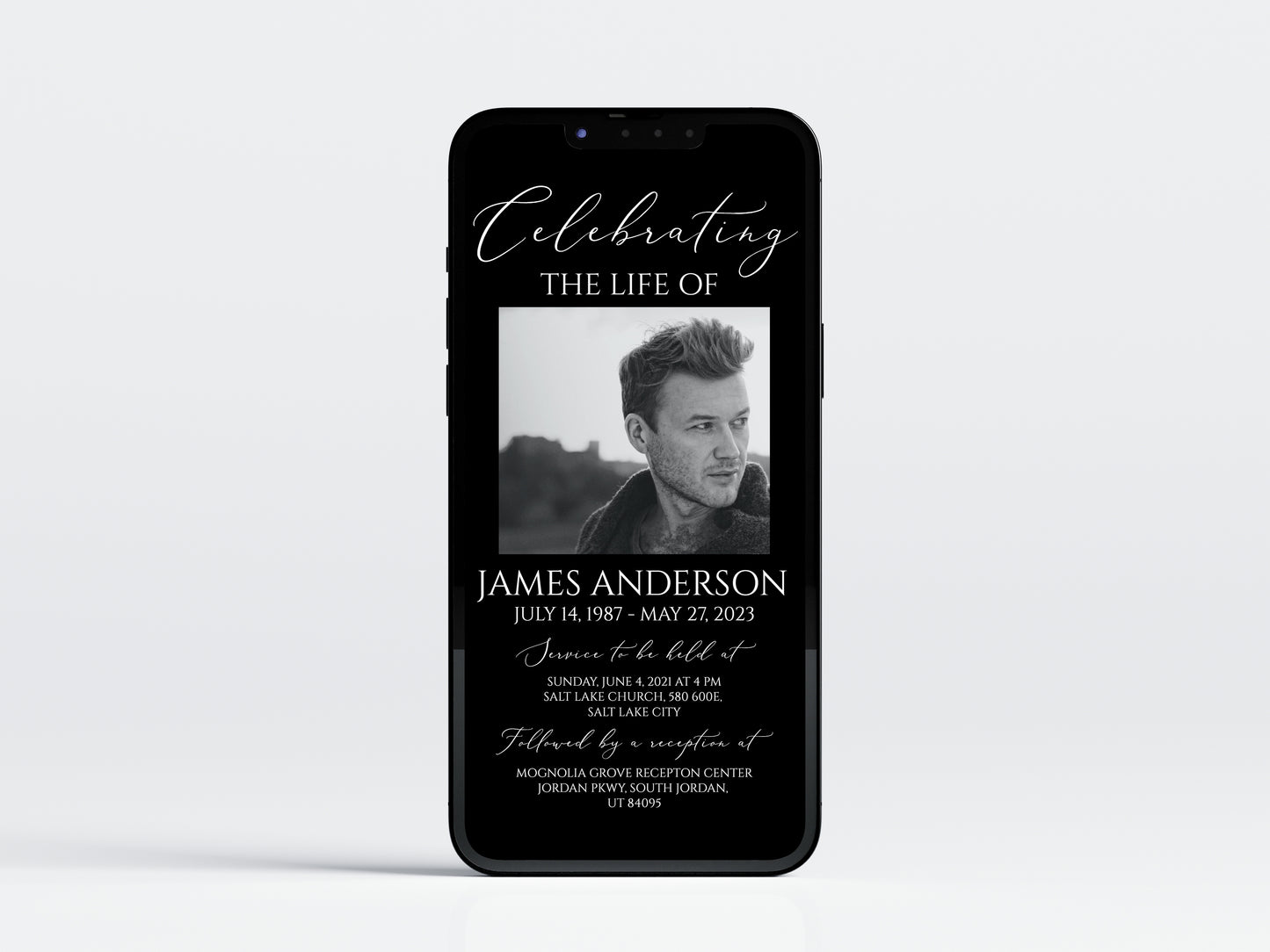 Celebration of life Minimalist Elegant Black Digital Funeral Invitation, Electronic Funeral Invite, Memorial Evite, Digital Memorial Invitation B7