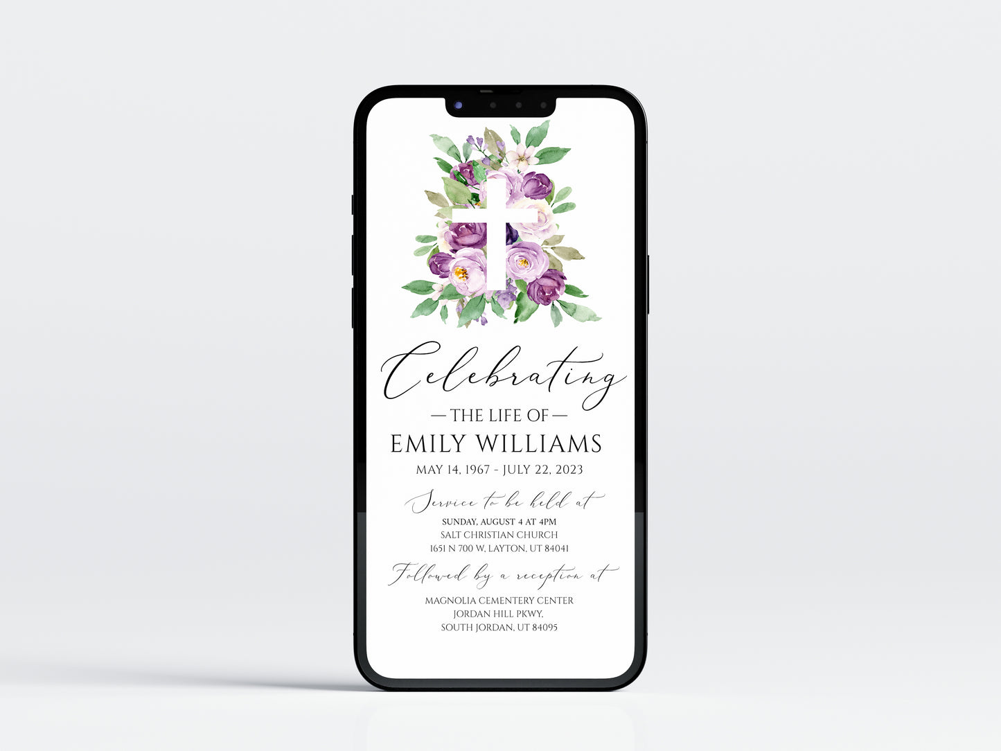 Celebration of life Purple Floral Cross Digital Funeral Invitation Template P1