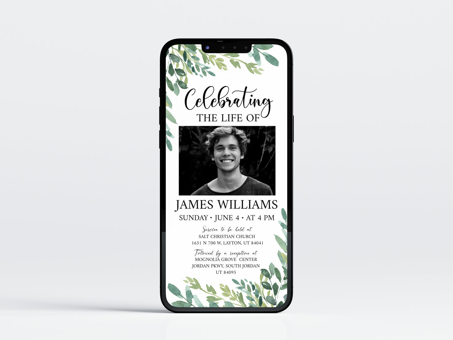 Celebration of life Watercolor Greenery Digital Funeral Invitation Template, Greenery Funeral Announcement, Greenery Memorial Evite, Electronic Greenery Funeral Invite G2