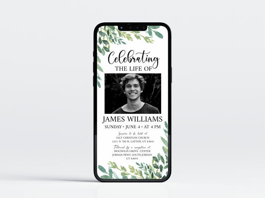 Celebration of life Watercolor Greenery Digital Funeral Invitation Template, Greenery Funeral Announcement, Greenery Memorial Evite, Electronic Greenery Funeral Invite G2