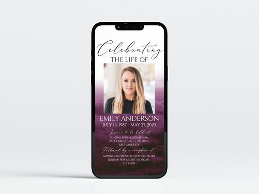 Celebration of life Pink Fuchsia Watercolor Digital Funeral Invitation Template P6