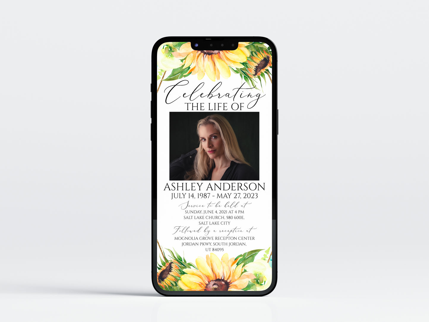 Celebration of life Sunflower Digital Funeral Invitation Template Y1