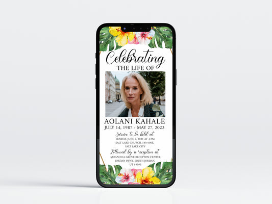 Celebration of life Hawaiian Tropical Plumeria Digital Funeral Invitation Template Hawaiian Funeral Announcement, Memorial Evite, Electronic Funeral Invite, Memorial Service Invitation H1