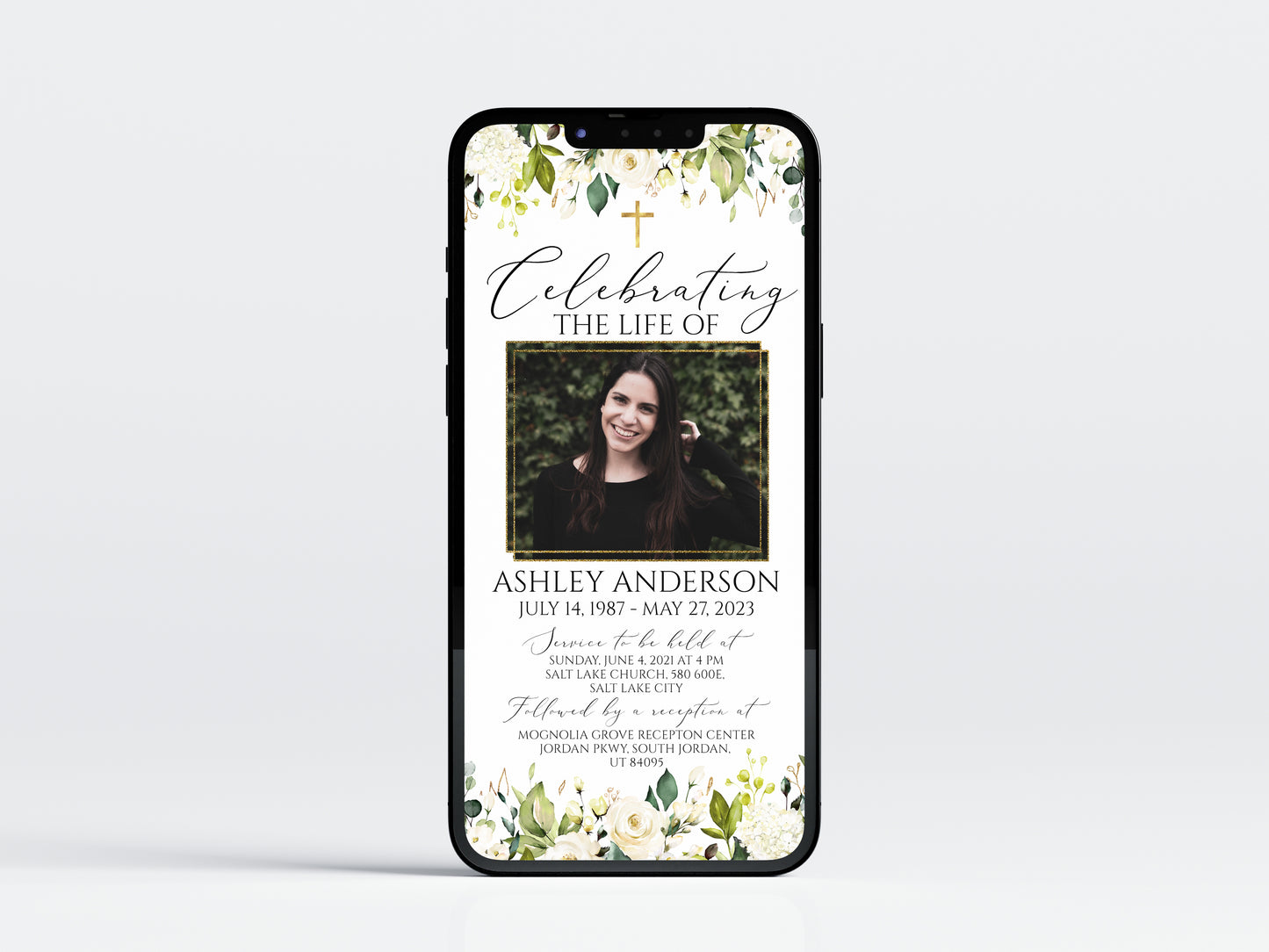 Celebration of life White Greenery Floral Gold Cross Digital Funeral Invitation, Memorial Evite, White Greenery Electronic Funeral Invite for women, Memorial Service Invitation