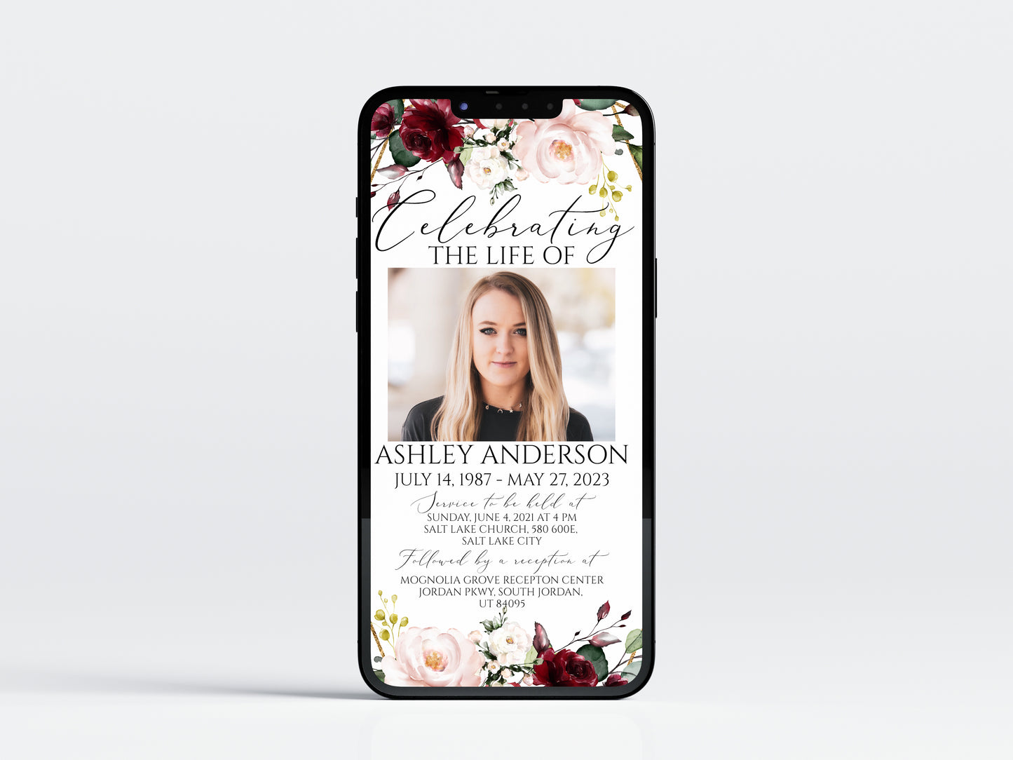 Digital Funeral Invitation, Red Roses Funeral Announcement, Memorial Evite, Electronic Funeral Invite for women, Memorial Service Invite R1